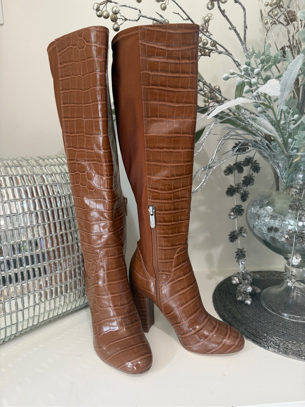 Circus by Sam Edelman Cognac Croc-Embossed Knee Boots - Picture 2 of 6